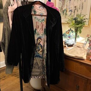 Black Velvet Long Coat with Printed Satin Lining